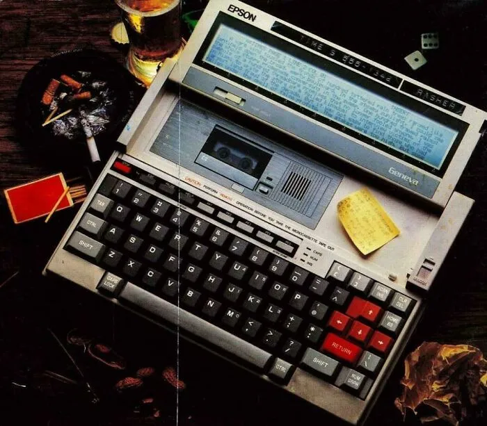 An Epson Geneva vintage portable computer with microcassette drive, showing retro gadgets innovation.