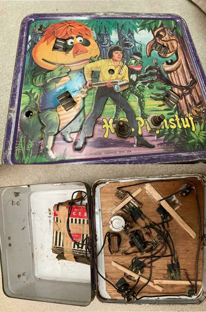 Retro gadgets featuring custom electronic wiring modified inside an H.R. Pufnstuf metal lunchbox