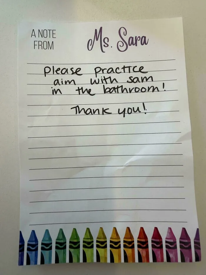 A handwritten note from a teacher, showcasing wholesome pics of dads handling funny everyday fatherhood moments.