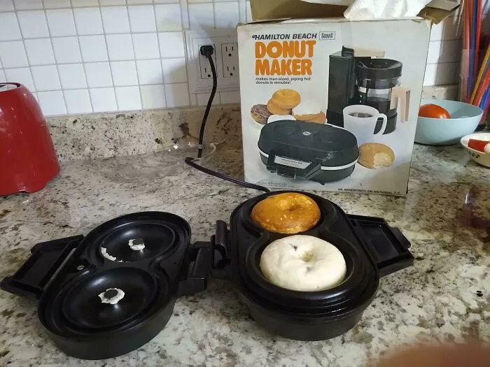 Hamilton Beach electric donut maker with baked donuts, showcasing retro gadgets from the past
