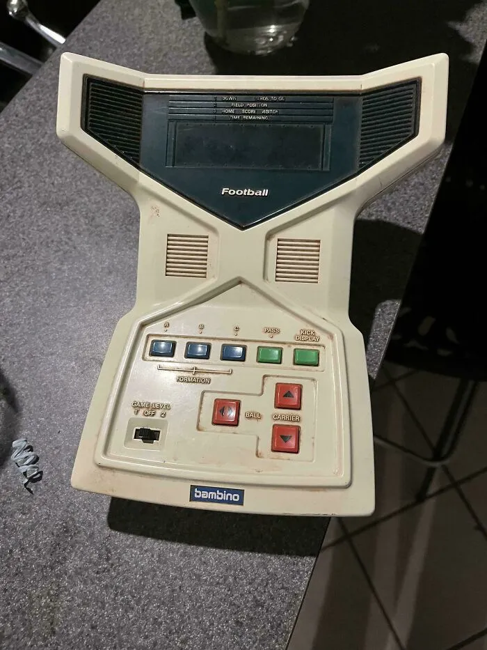 Handheld Bambino Football electronic handheld game representing classic retro gadgets
