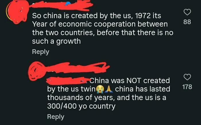 A comment thread incorrectly claiming China was created by the US, showing how some Americans misuse freedom of speech.