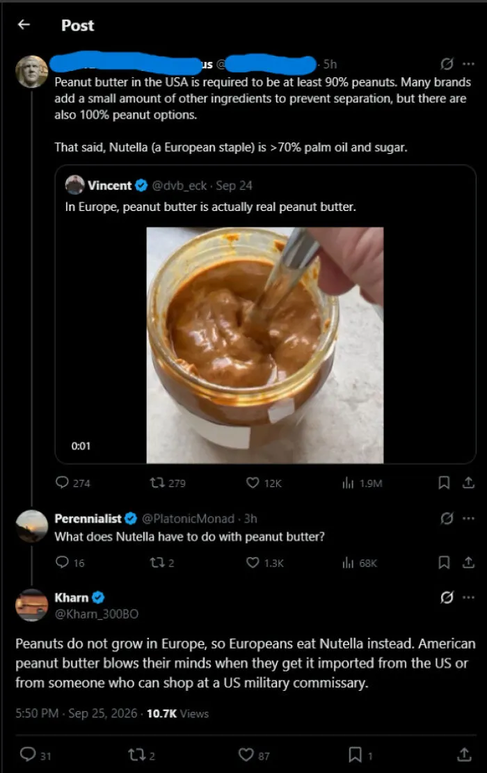 Online posts making absurd claims about peanut butter, illustrating why some Americans shouldn't use freedom of speech.