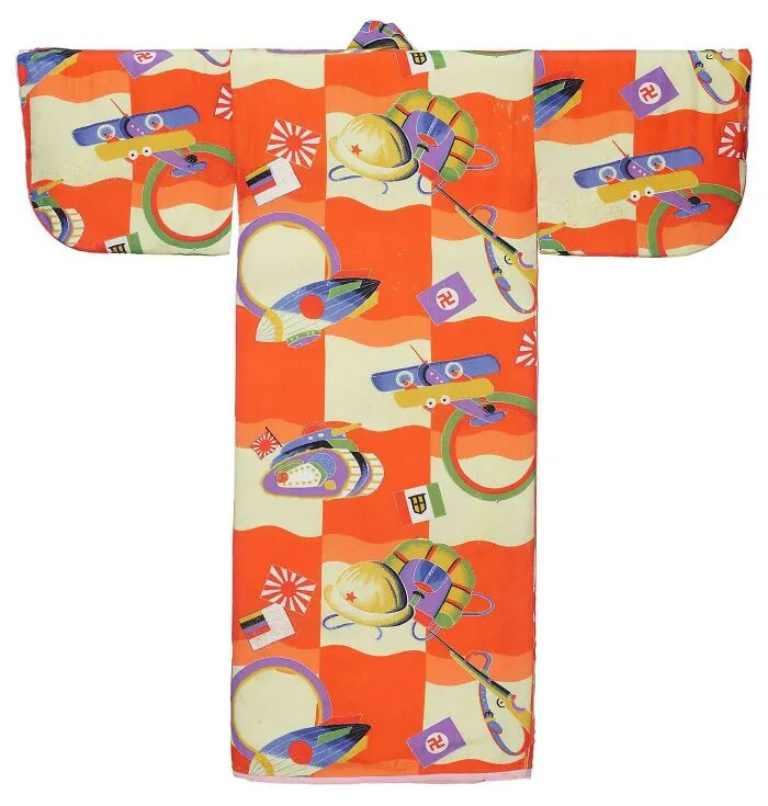 Colorful kimono with animated military and aviation motifs