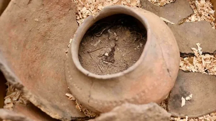 Cracked ancient pottery artifact partially buried in soil