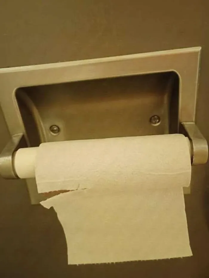 Empty toilet paper roll on holder resembling a surprised face