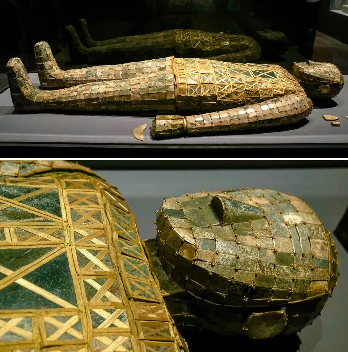 Ancient jade burial suit made of square jade plaques sewn together as a strange artifact