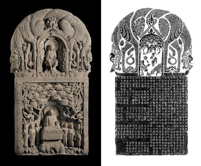 Ancient carved stone tablet with Buddhist figures and inscriptions, strange historical artifact
