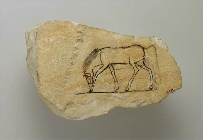 Stone fragment with ancient animal painting of a grazing horse