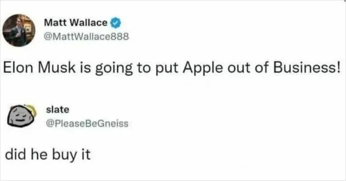 A social media exchange about Elon Musk and Apple, showcasing funny and oddly accurate insults