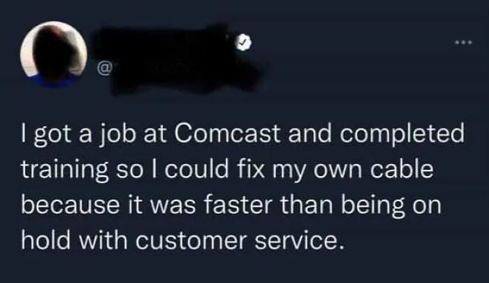 A tweet joking about getting a job at Comcast, showing funny and oddly accurate insults regarding customer service.