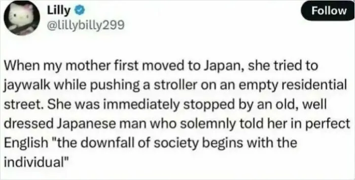 Twitter post sharing funny insults about jaywalking in Japan.