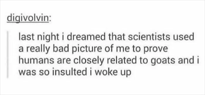 A funny text post on Tumblr showcasing imaginative insults about a dream about goats.