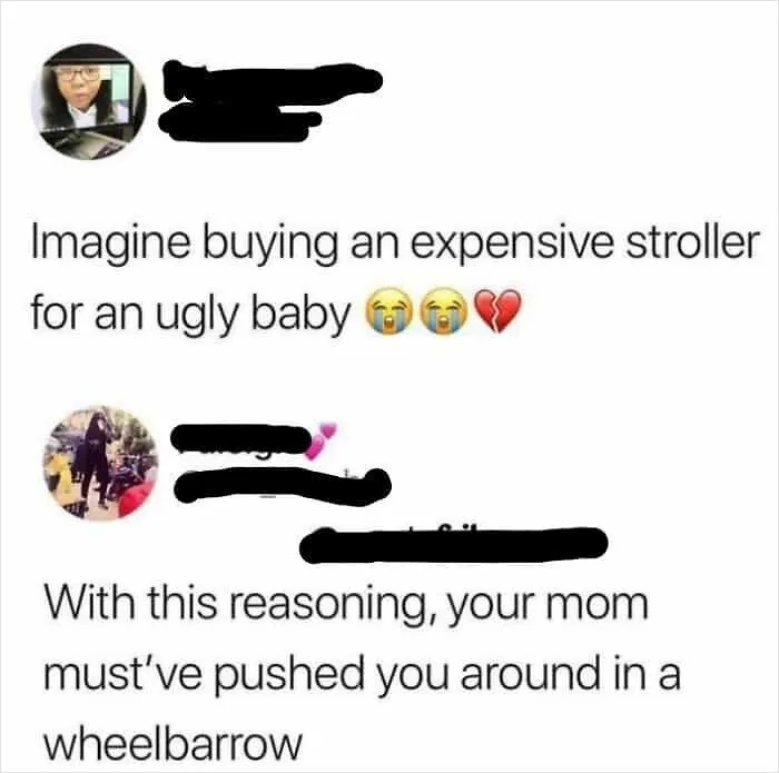 Social media roast about a wheelbarrow, illustrating funny and oddly accurate insults