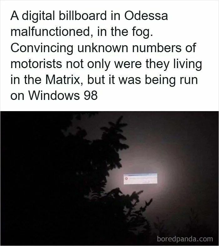 A glowing Windows error box floating in foggy night sky, fitting for strange photos that feel like real-life glitches.