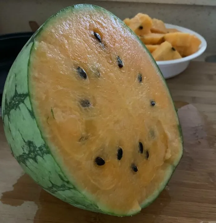 A halved watermelon with yellow flesh displayed in strange photos.