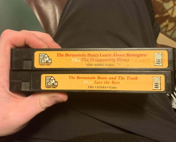 Two VHS tapes showing different spellings of Berenstein and Berenstain Bears, a strange photo of Mandela Effect.