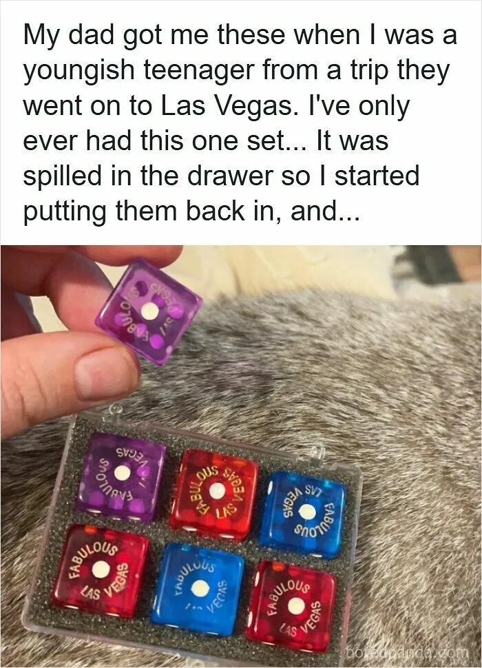 Strange photos showing Las Vegas souvenir dice that do not fit into their plastic case matrix.