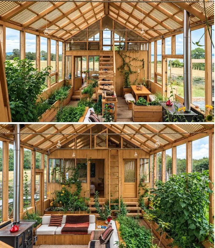 An indoor garden greenhouse structure made from clever wooden creations.