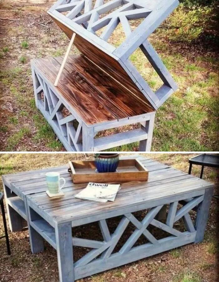 Clever wooden creations showing a bench that transforms into a coffee table.