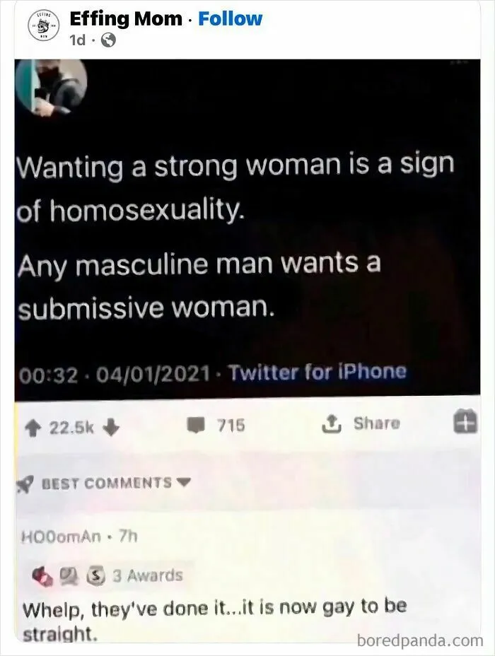 A screenshot of a social media post discussing how women are viewed as people, featuring a funny comment.