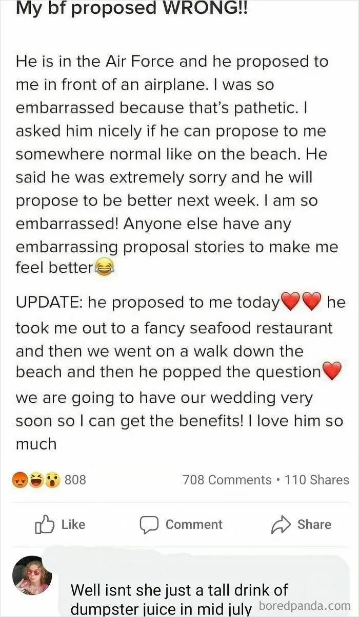 A Facebook post showing questionable wedding moments regarding a wrong proposal