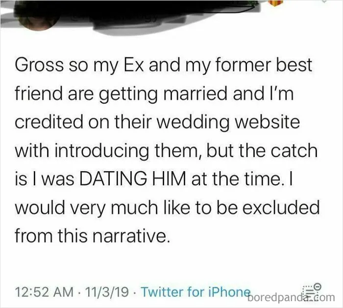 Twitter post sharing questionable wedding moments about an ex and a former best friend