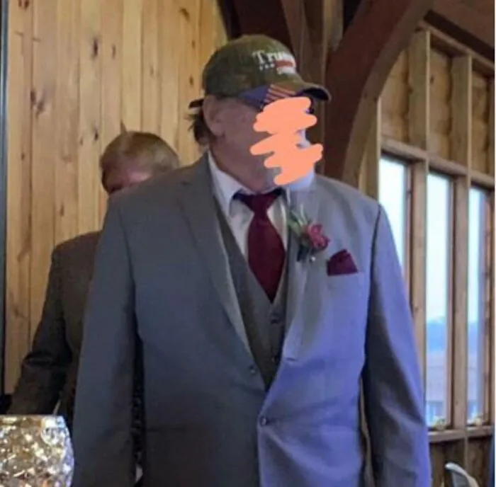 Groom's father wearing a camo hat to a wedding ceremony causing questionable wedding moments
