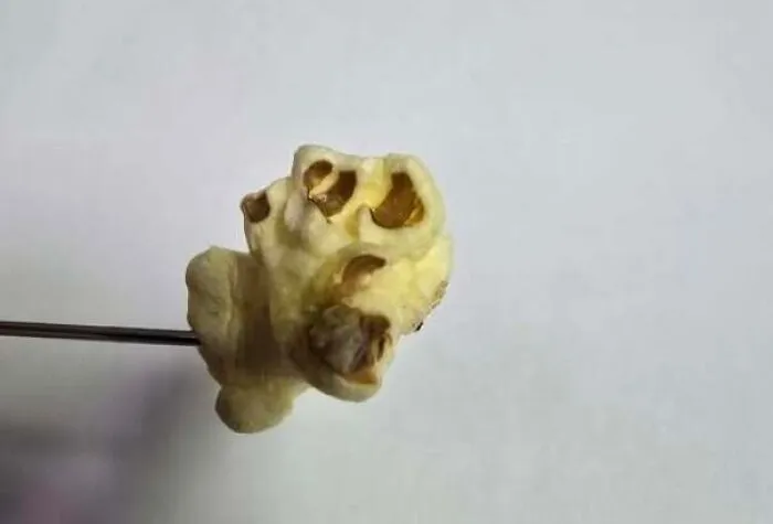 Popcorn kernel with shapes looking like a staring face
