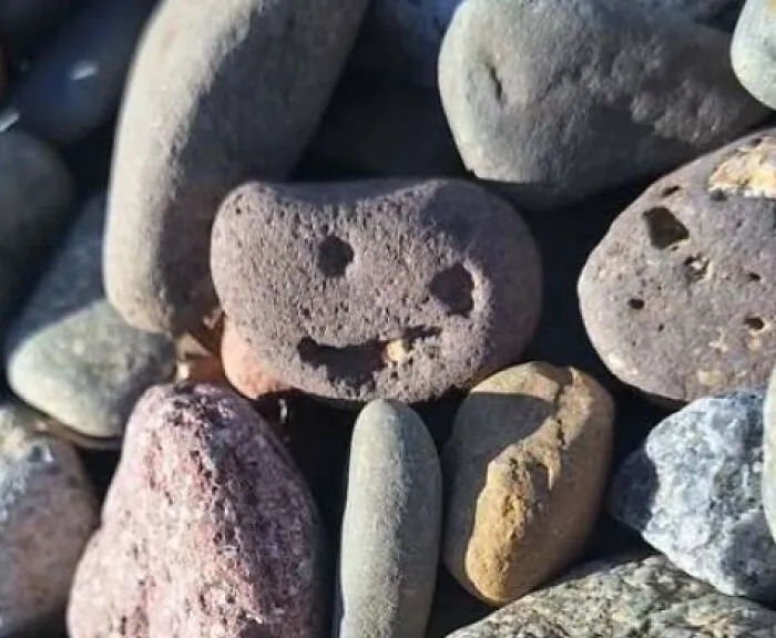 Rock with natural holes resembling a smiling face among other stones