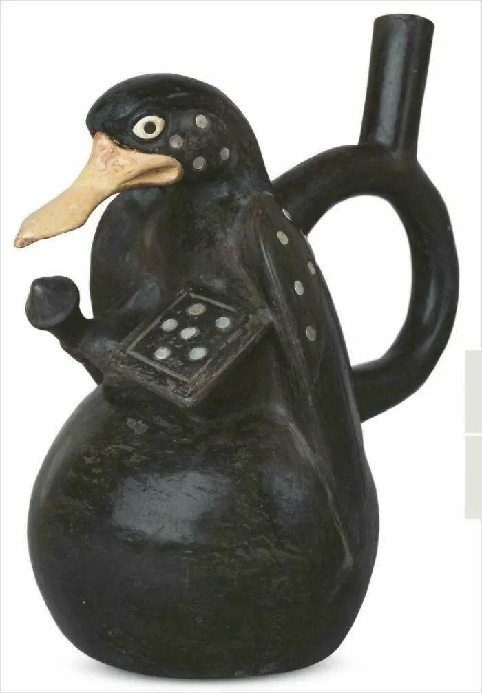 Pre-Columbian ceramic duck-shaped pottery with detailed black glaze