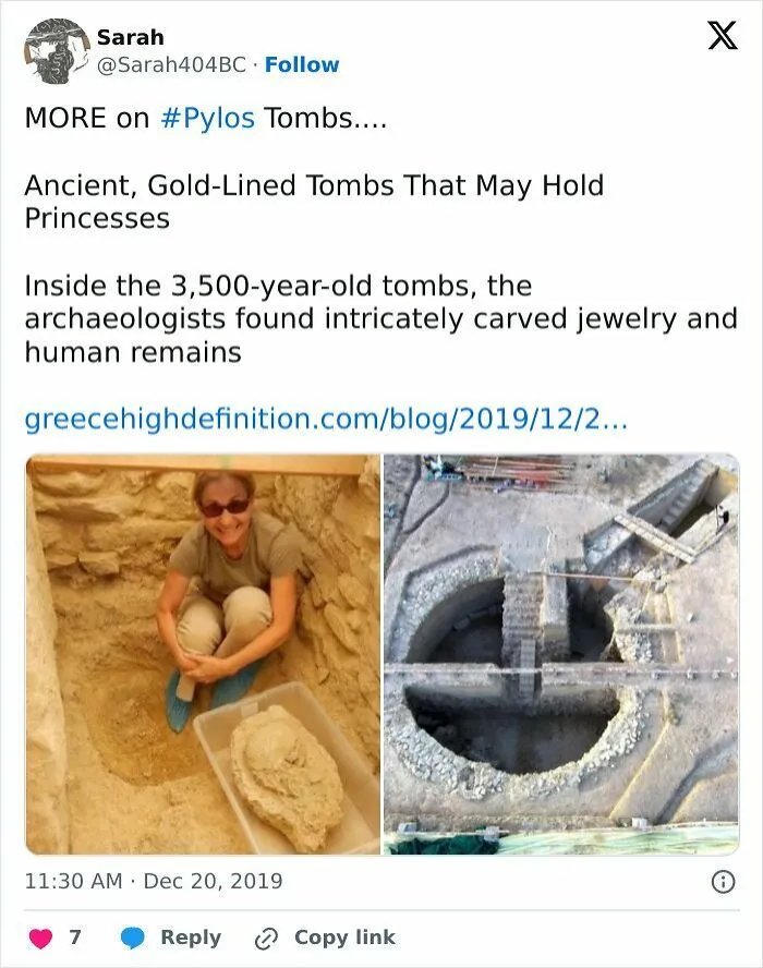 Tweet about ancient gold-lined Pylos tombs with archaeological findings