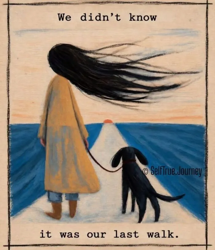 Art showing a girl walking her dog at sunset, illustrating the deep pain of losing a beloved dog.