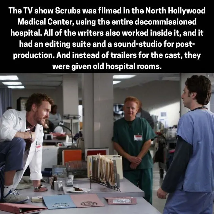 Scrubs filmed in North Hollywood Medical Center using decommissioned hospital and rooms for cast