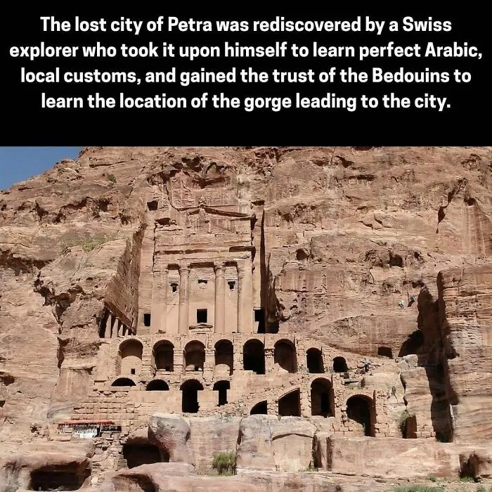 Petra ruins carved into rock with caption about rediscovery by Swiss explorer learning local customs and language