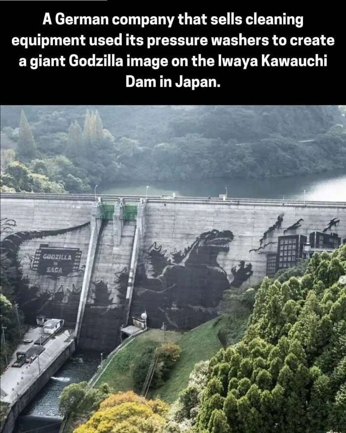 Godzilla image created on Iwaya Kawauchi Dam in Japan using pressure washers by a German cleaning company