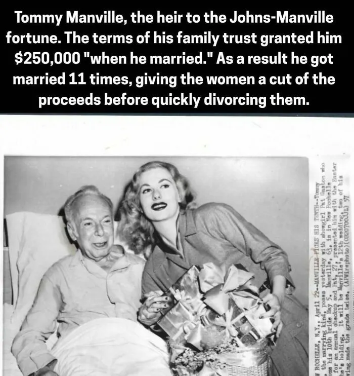 Vintage black and white photo of Tommy Manville with a woman highlighting his multiple marriages for fortune