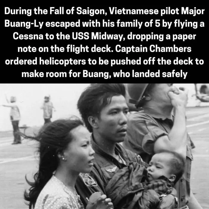 Vietnamese pilot Major Buang-Ly escapes Saigon by flying Cessna to USS Midway with family during Vietnam War