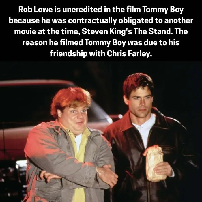 Rob Lowe uncredited in Tommy Boy due to contract, filmed movie for friendship with Chris Farley