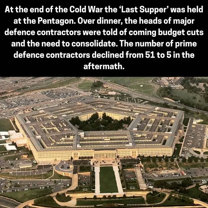Pentagon aerial view where the 'Last Supper' marked defense contractor consolidation post-Cold War