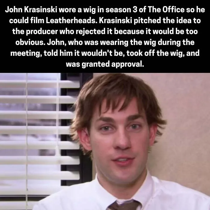 John Krasinski in The Office with trivia about wearing a wig to pitch a film idea for Leatherheads
