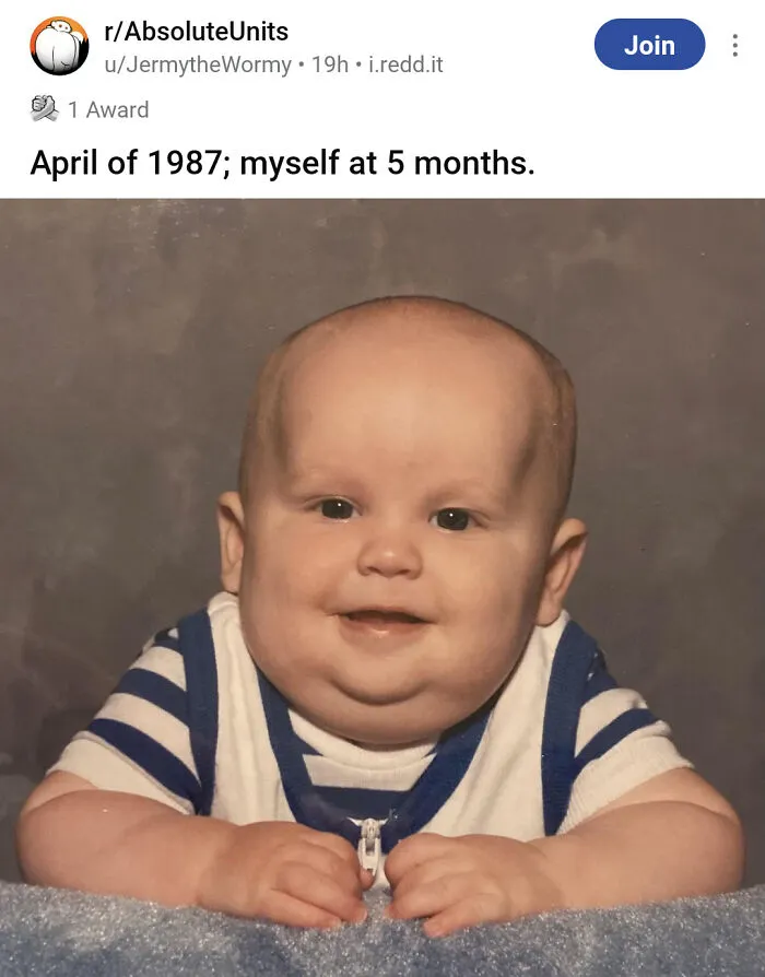 A childhood photo of a large baby posted online, highlighting internet humor and British memes