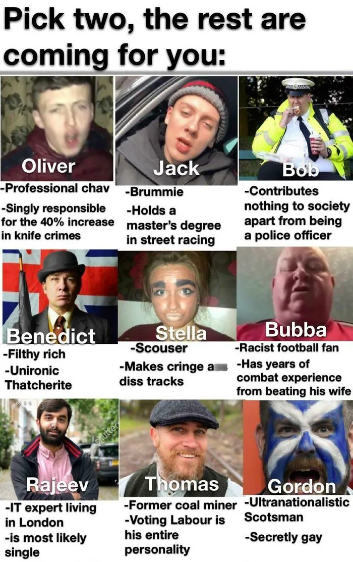 A grid of stereotypical British memes characters under the caption Pick two, the rest are coming for you