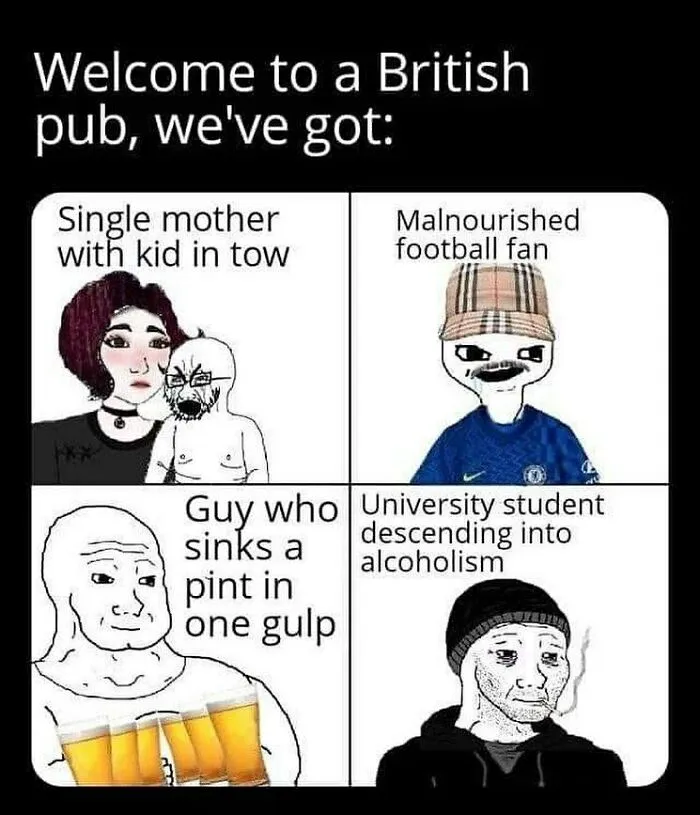 A British memes comic showing typical pub archetypes with wojak characters.