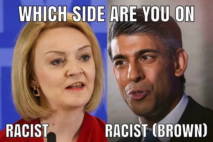 Political comparison of Liz Truss and Rishi Sunak, showing satirical British memes
