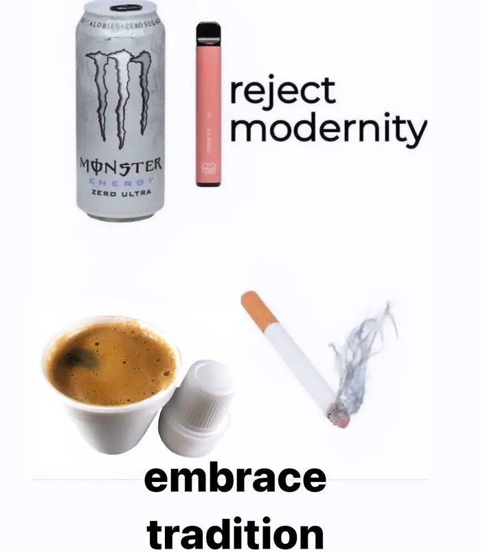 British memes comparing modern energy drinks and vapes with traditional coffee and cigarettes.