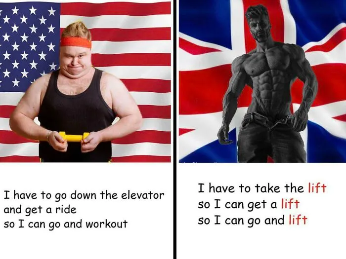 A meme comparing American and British vocabulary about working out, showcasing classic British memes