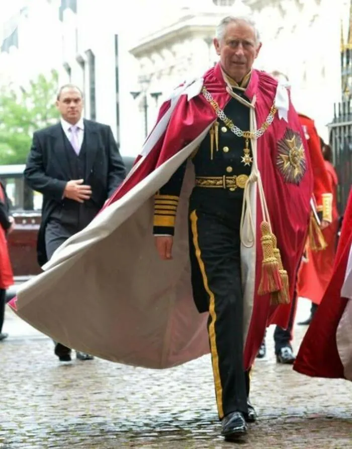British Memes showing King Charles walking in royal ceremonial robes