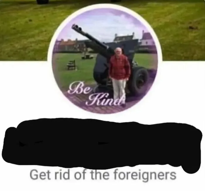 British Memes displaying a Be Kind profile picture next to a xenophobic comment