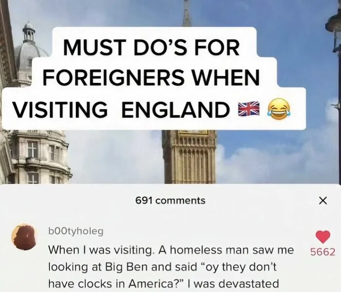 Social media comment about a tourist in London being teased by a local, representing witty British memes
